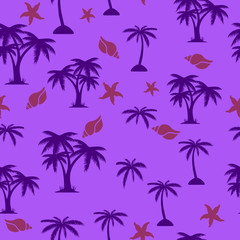 Fototapeta na wymiar Seamless pattern, palm tree and seashells, on ultraviolet background,