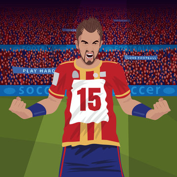 Furious soccer or football player standing on stadium field and angry with the lose, front side view, spectator area on background. Realistic style