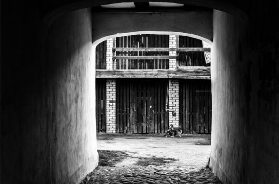 dark arch leads to the fence