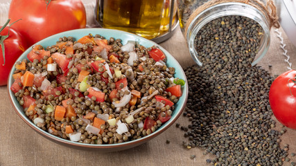 fresh lentil salad with tomatoes and onions