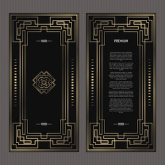 Vector card. Art Deco style. Dark golden geometric frame on black background. Luxury menu concept with logo.
