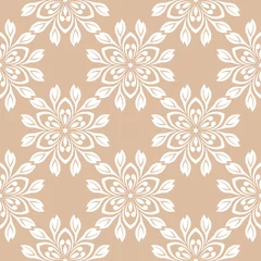 Gordijnen White floral seamless design on beige background © Liudmyla