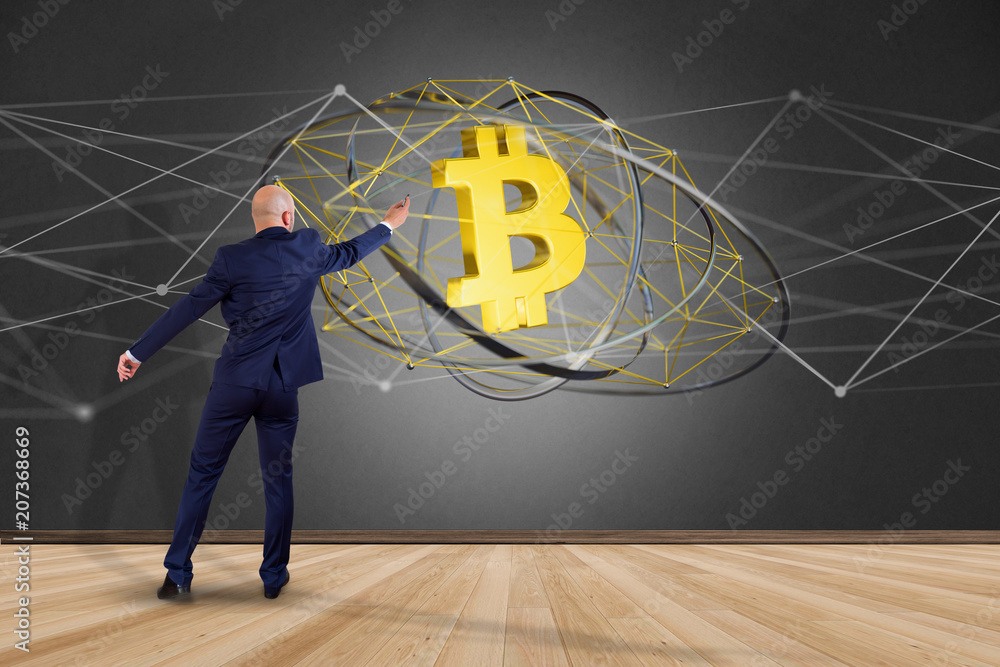 Aufkleber businessman in front of a wall with a bitcoin crypto currency sign flying around a network connectio