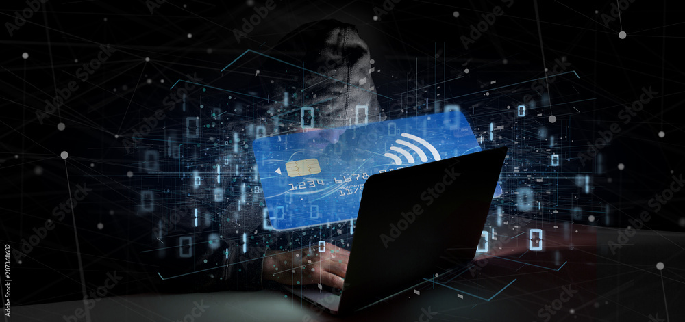 Poster hacker man holding a contactless credit card payment concept 3d rendering