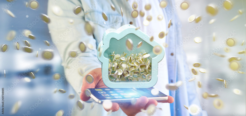 Poster man holding a house moneybox with coin surrounding all over 3d rendering