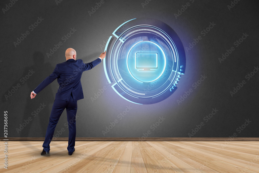 Poster businessman in front of a wall with a shinny technologic computer button - 3d render