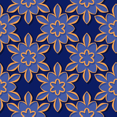 Seamless pattern. Floral deep blue and orange 3d background