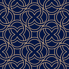 Golden blue geometric ornament. Seamless pattern