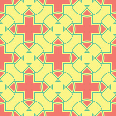 Fototapeta na wymiar Seamless pattern with geometric green and pink elements. Yellow multi colored background
