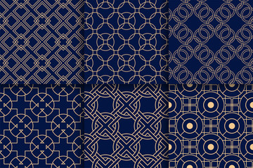 Golden geometric seamless patterns on blue backgrounds