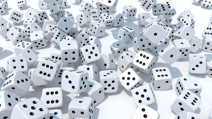 many dices fall on white background