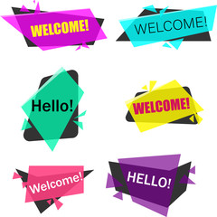 Welcome and hello labels isolated on white background.