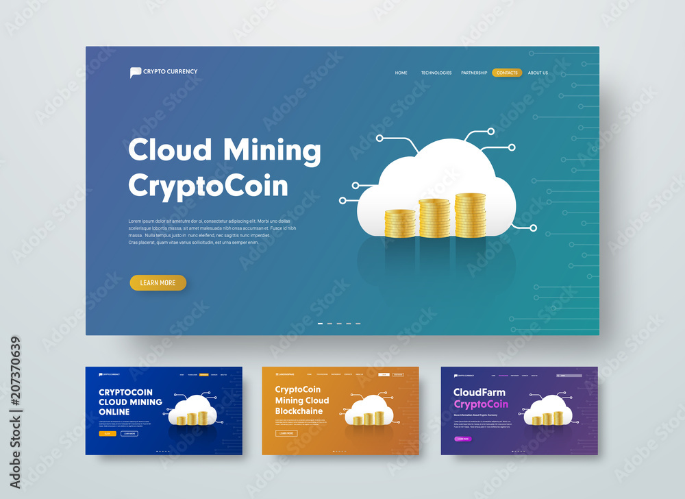 Poster template vector header for cloud mining crypto-currency with gold stacks of coins