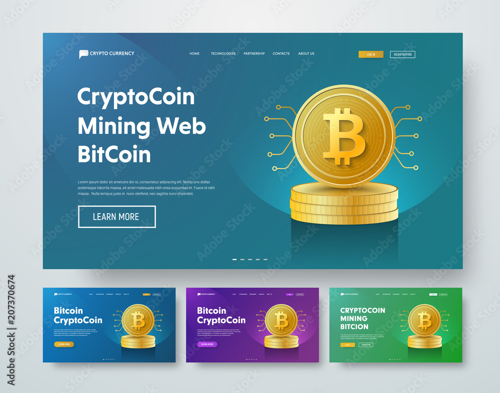 Poster design vector header with gold stacks of bitcoin coins and elements of microcircuits.