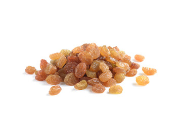 Golden raisin isolated on white background.