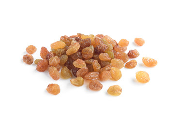 Golden raisin isolated on white background.