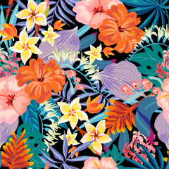 Vector summer natural vintage exotic seamless pattern with tropical leaves, leaves, flowers, hibiscus, orchid. Botanical illustration 