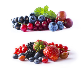 Fruits and berries isolated on white background. Ripe currants, blackberries, blueberries, strawberries, gooseberries with a leaf of mint. Set of mix fruits and berries isolated on white background. 