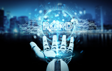 White cyborg hand using digital GDPR interface 3D rendering