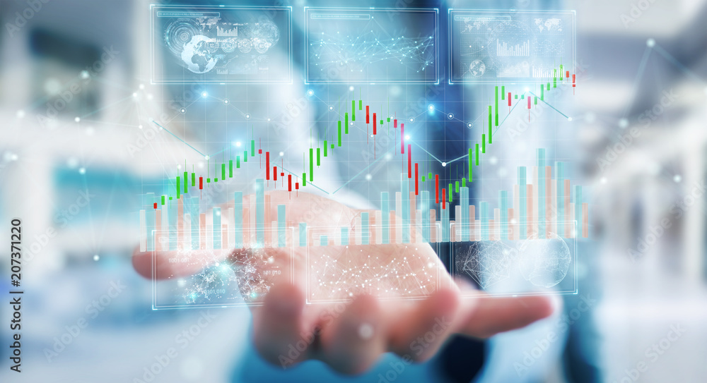 Poster businessman using 3d rendering stock exchange datas and charts