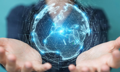 Businesswoman using globe network hologram with Europe map 3D rendering