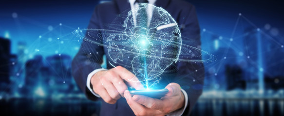 Businessman using globe network hologram with America Usa map 3D rendering