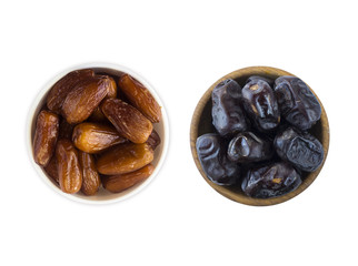 Date fruit isolated on a white background. Bowl of dried dates isolated on white background. Dried dates with copy space for text. Top view. Dates on white background. Delicious fresh organic dates.