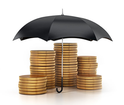 Umbrella protecting gold coins stack. 3D illustration