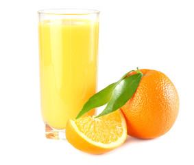 orange juice with orange and green leaf isolated on white background. juice in glass