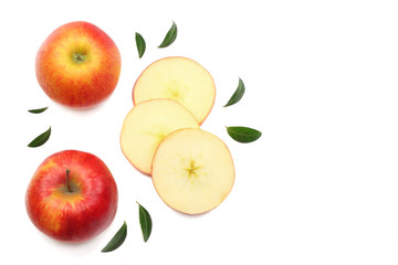 red apples with slices isolated on white background. top view