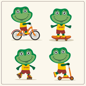 Set of isolated funnyfrog on bike, skateboard, scooter and roller skates.
