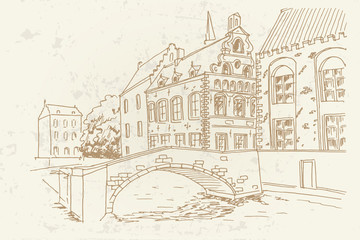 Vector sketch of Traditional architecture in the town of Bruges (Brugge), Belgium. Retro style.