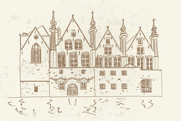 Vector sketch of Traditional architecture in the town of Bruges (Brugge), Belgium. Retro style.