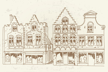 Obraz premium Vector sketch of Traditional architecture in the town of Bruges (Brugge), Belgium. Retro style.
