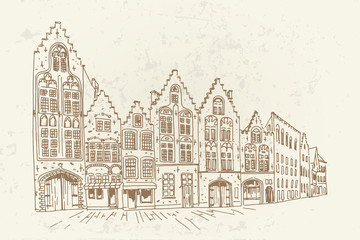 Vector sketch of Traditional architecture in the town of Bruges (Brugge), Belgium. Retro style.