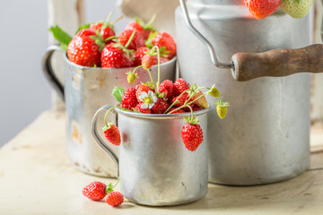 Healthy and fresh wild strawberries in the old metal mug