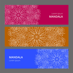 Vector banner set with floral ornament. Rose, tulip, leaf. Circular ornament.