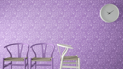 Minimalist architect designer concept, waiting living room with classic wooden chairs and wall clock on violet floral wallpaper background, interior design idea with copy space