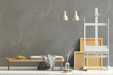 Modern interior design in Scandinavian style with bench. Mock up wall. 3D illustration.