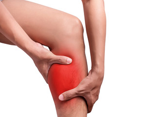 man suffering from leg pain, calf pain. red color highlight at calf, leg isolated on white...