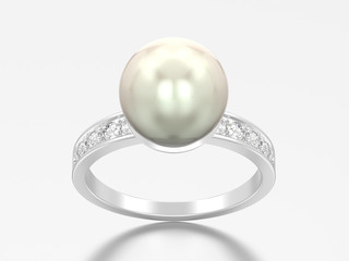 3D illustration silver diamond engagement wedding ring with pearl