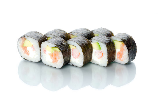 sushi, poppy rolls Tampopo on white background with reflection filling tiger shrimp