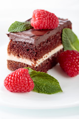 Chocolate cake with raspberry and mint.