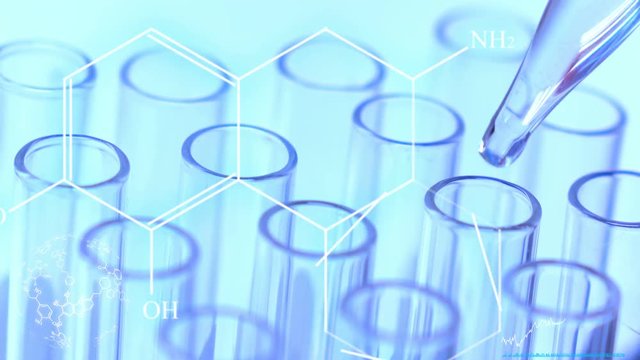 scientist dropping chemical solution for analyzing :  hologram chemical structure in futuristic technology for testing in laboratory 