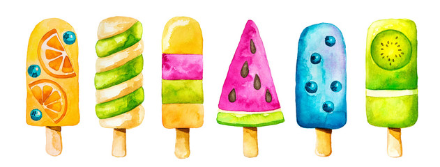 Fototapeta Watercolor clip art set with colorful icecream obraz