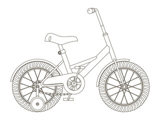 Детский велосипед со съемными тренировочными колесами, контурный векторный рисунок на белом фоне, вид сбоку