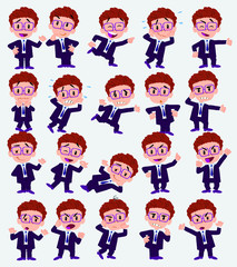 Cartoon character businessman with glasses. Set with different postures, attitudes and poses, doing different activities in isolated vector illustrations.