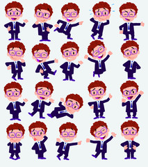 Cartoon character businessman with glasses. Set with different postures, attitudes and poses, always in negative attitude, doing different activities in vector vector illustrations.