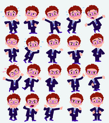 Cartoon character businessman with glasses. Set with different postures, attitudes and poses, doing different activities in isolated vector illustrations.