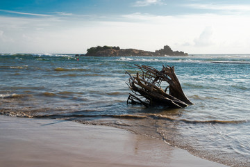angesp&uuml;lter Baumstamm im Meer am Strand